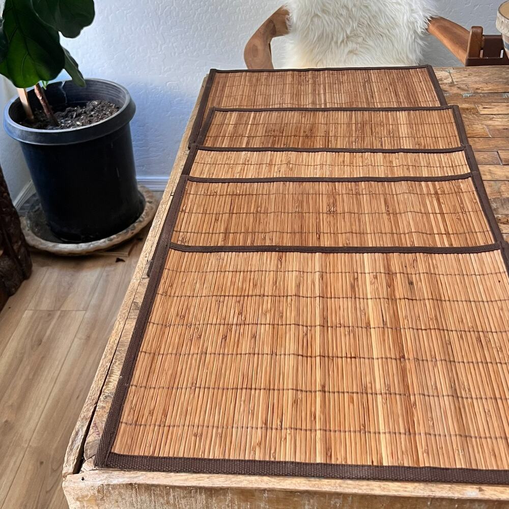 Bamboo Slat Placemat Set of 5 with Brown Fabric Border - Picture 2 of 9